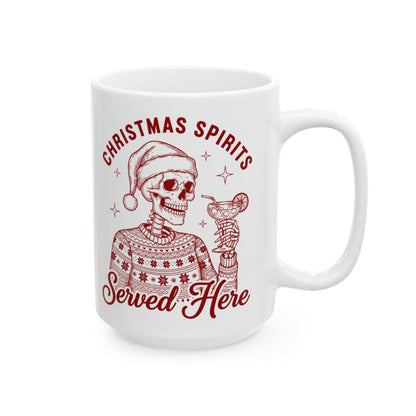 Christmas Spirits Ceramic Mug — ‘Spirits Serving Here’ Vintage Holiday Design 15oz