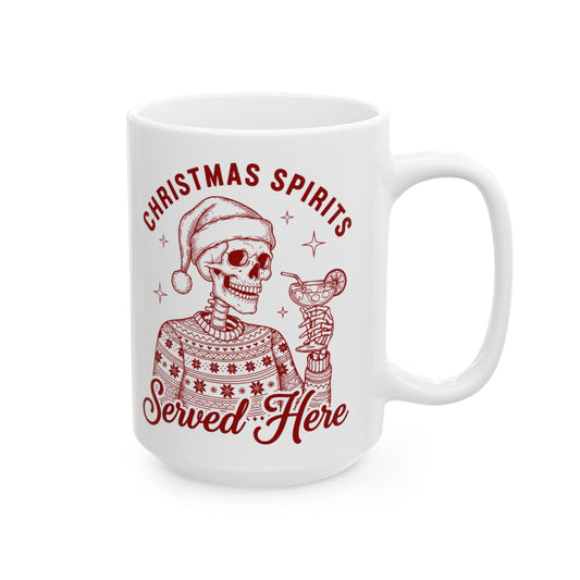 Christmas Spirits Ceramic Mug — ‘Spirits Serving Here’ Vintage Holiday Design 15oz