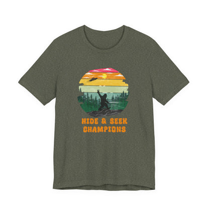 Retro Bigfoot T-Shirt Funny Hide and Seek Champion Graphic Tee Sasquatch Silhouette Sunset Forest Shirt Vintage Cryptid Lover Gift