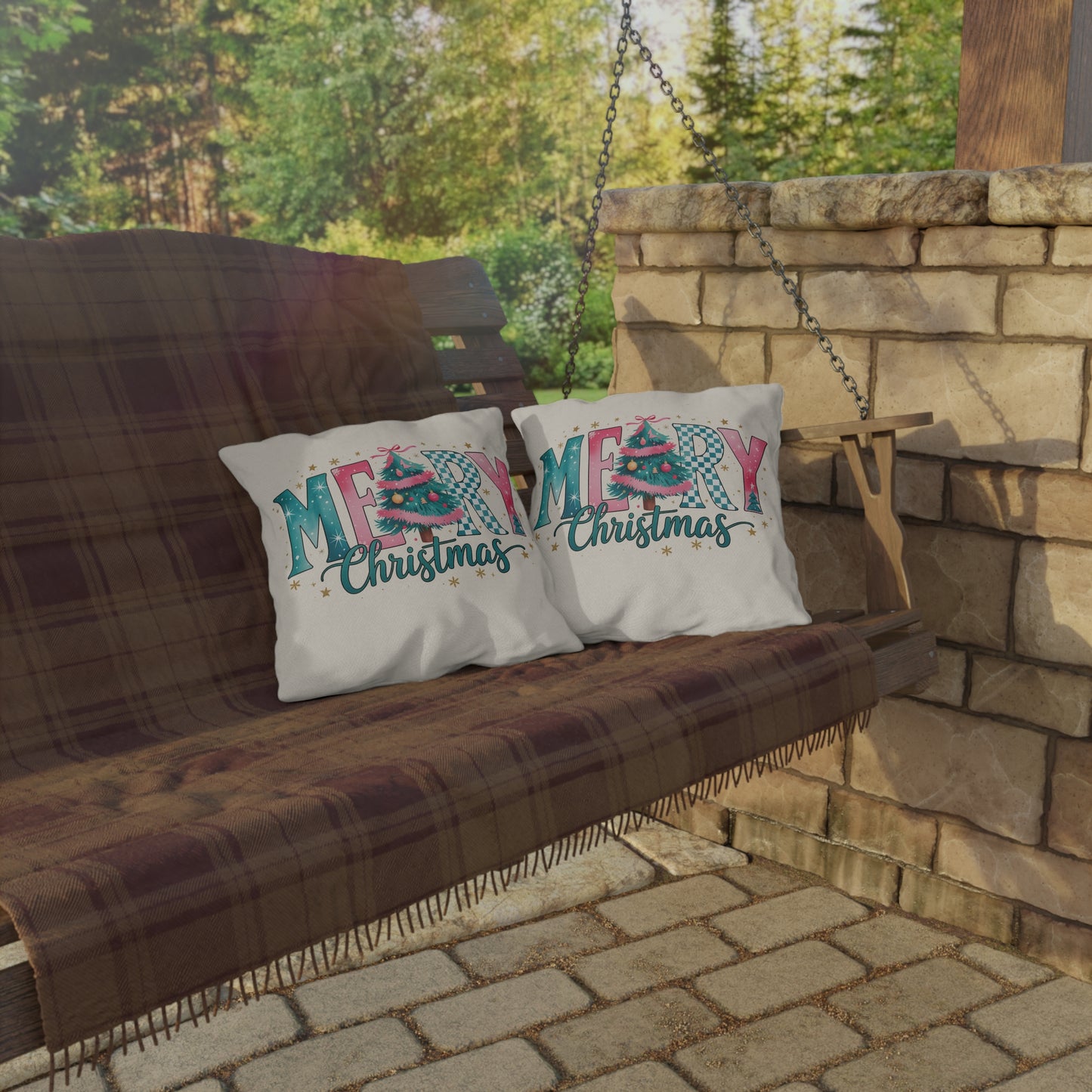 Merry Christmas Outdoor Pillow — Festive Teal & Pink Tree Holiday Cushion