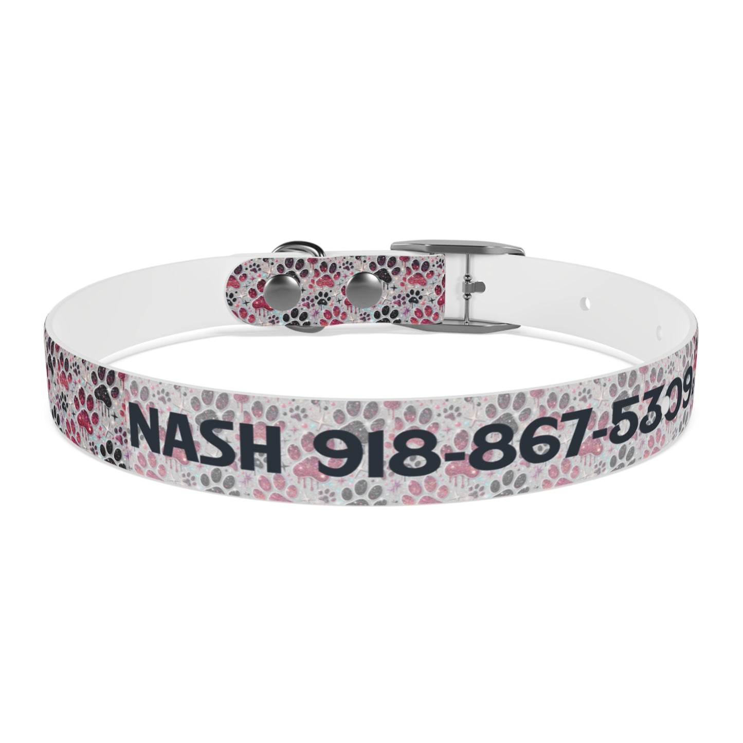 Personalized Paw Print Dog Collar — Custom Name & Phone Number, Cute Pink Gray Pet Collar