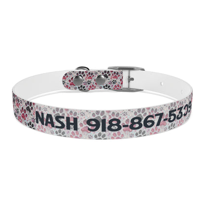 Personalized Paw Print Dog Collar — Custom Name & Phone Number, Cute Pink Gray Pet Collar