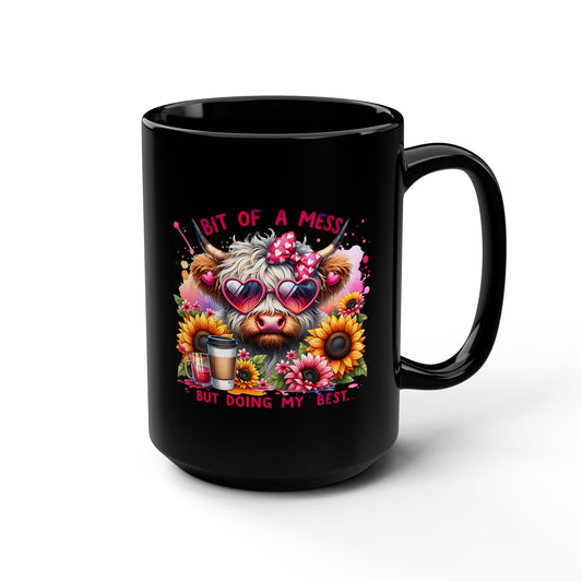 Highland Cow Cute Coffee Mug Bit of a Mess but Doing My Best Highland Cow 15 oz Black Coffee Mug