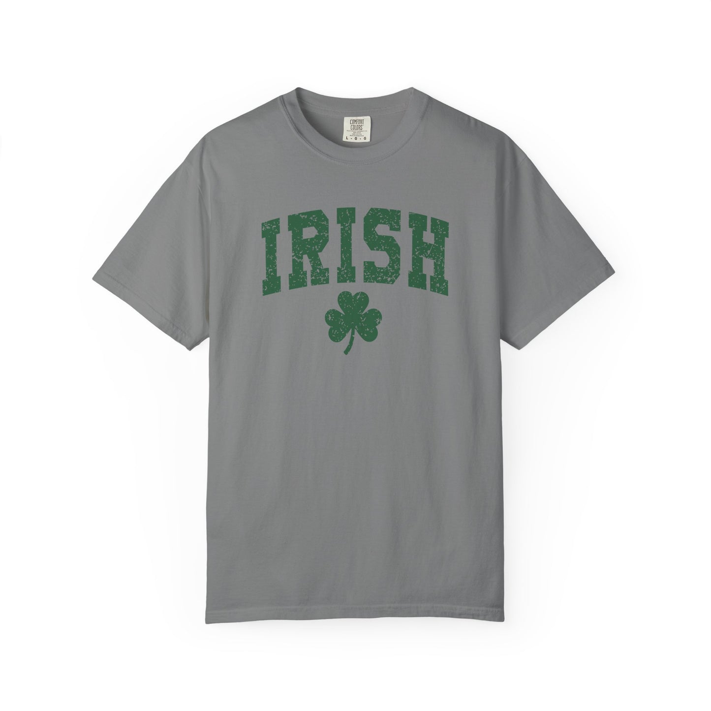 Irish Shamrock T-Shirt — Vintage Green 'IRISH' College Tee for St. Patrick's Day