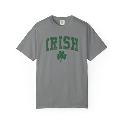 Irish Shamrock T-Shirt — Vintage Green 'IRISH' College Tee for St. Patrick's Day
