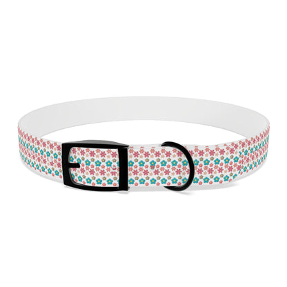 Personalized 3D Floral Dog Collar — Custom Name & Phone Number, Pink Teal Paw-Print Pattern