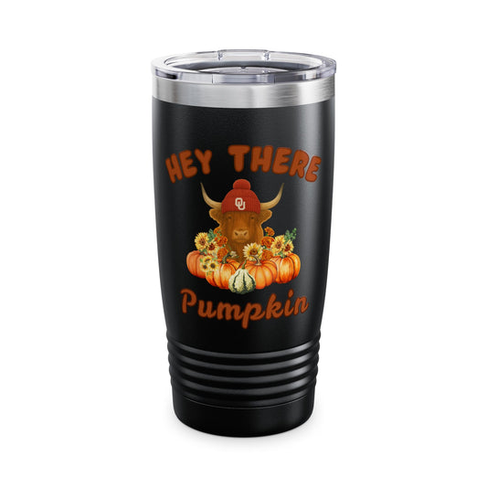 Highland Cow Sooner Fan Tumbler 20oz Hey There Pumpkin, Fall Travel Mug, Halloween Drinkware, Seasonal Coffee Cup, Pumpkin Spice Lover's Gift