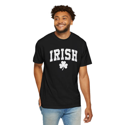 Irish Shamrock T-Shirt — Vintage Green 'IRISH' College Tee for St. Patrick's Day