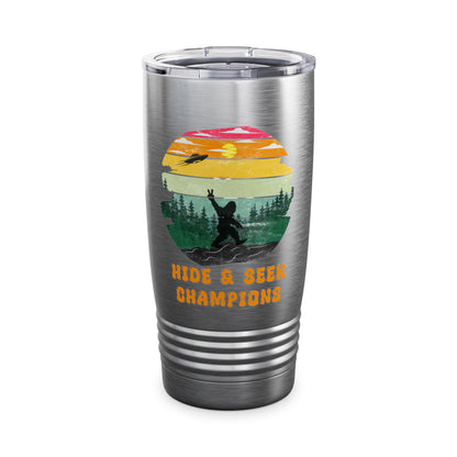 Retro Bigfoot 20 oz Tumbler Funny Hide and Seek Champion Graphic Steele Tumbler Sasquatch Silhouette Sunset Forest Cup Vintage Cryptid Lover Gift