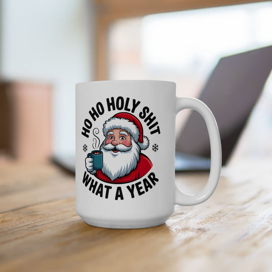 Christmas Coffee Mug - Funny Santa 'Ho Ho Hold My Shit' Holiday Ceramic Mug (11oz/15oz)