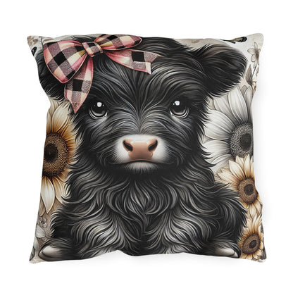 Highland Cow Outdoor Pillow — Cute Cow with Plaid Bow & Sunflowers