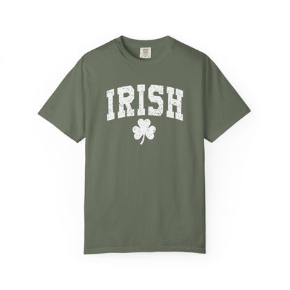 Irish Shamrock T-Shirt — Vintage Green 'IRISH' College Tee for St. Patrick's Day
