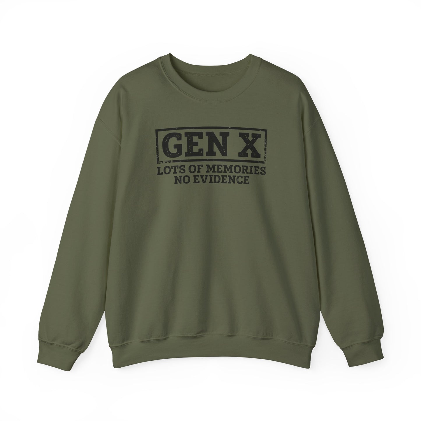 Gen X Crewneck Sweatshirt - "Lots of Memories, No Evidence" Vintage Retro Tee for 40s-50s