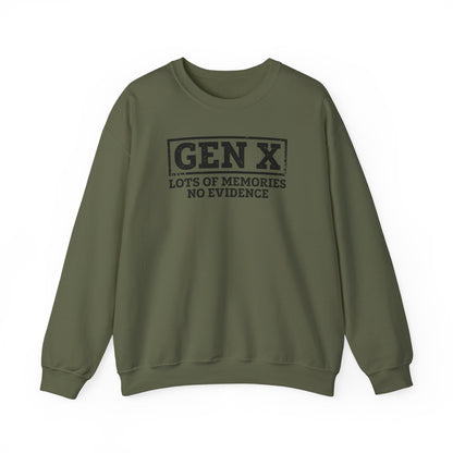 Gen X Crewneck Sweatshirt - "Lots of Memories, No Evidence" Vintage Retro Tee for 40s-50s