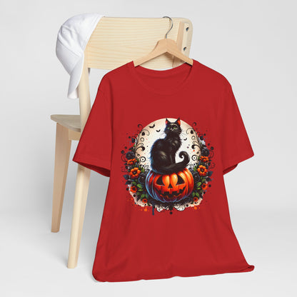 Halloween Black Cat T-Shirt, Unisex Jersey Short Sleeve Shirt, Spooky Fall Fashion, Cat Lover Gift, Autumn Celebrations, Halloween Shirt