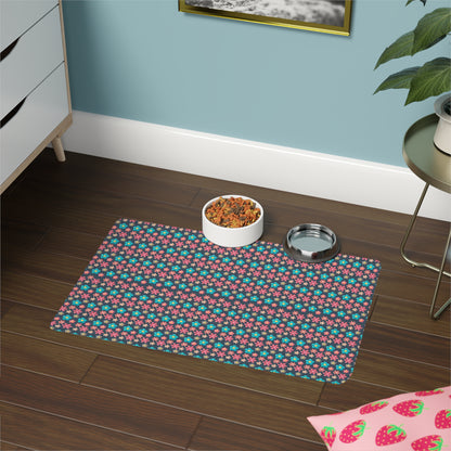 Floral Paw Print Pet Food Mat (12 x 18) - Non-Slip Dining Placemat for Cats & Dogs
