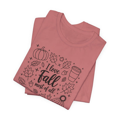 I Love Fall Short Sleeve Tee, Autumn T-Shirt, Cozy Fall Apparel, Pumpkin Shirt, Seasonal Gift, Unisex Casual Wear