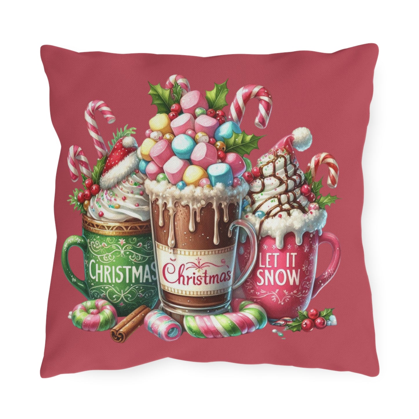 Christmas Hot Cocoa Indoor - Outdoor Pillow — "Let It Snow" Festive Mug Trio