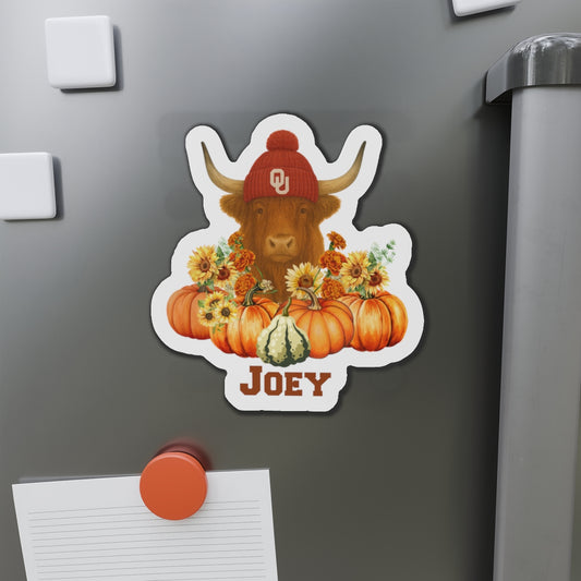 Highland Cow Sooner Fan Personalized Die-Cut Magnet, Fall Decor, Kitchen Decor, Gift for Animal Lovers, Autumn Decoration, Personalized Gift