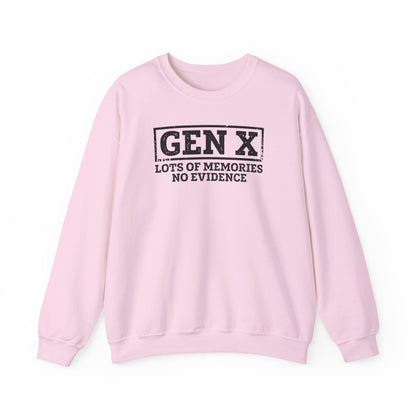 Gen X Crewneck Sweatshirt - "Lots of Memories, No Evidence" Vintage Retro Tee for 40s-50s