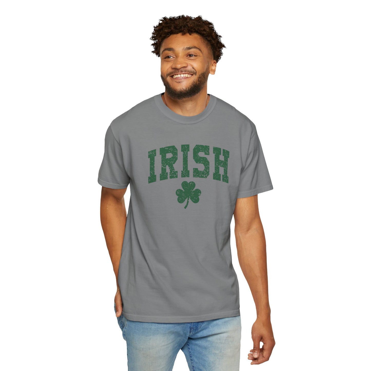 Irish Shamrock T-Shirt — Vintage Green 'IRISH' College Tee for St. Patrick's Day