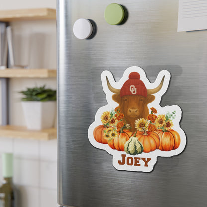 Highland Cow Sooner Fan Personalized Die-Cut Magnet, Fall Decor, Kitchen Decor, Gift for Animal Lovers, Autumn Decoration, Personalized Gift