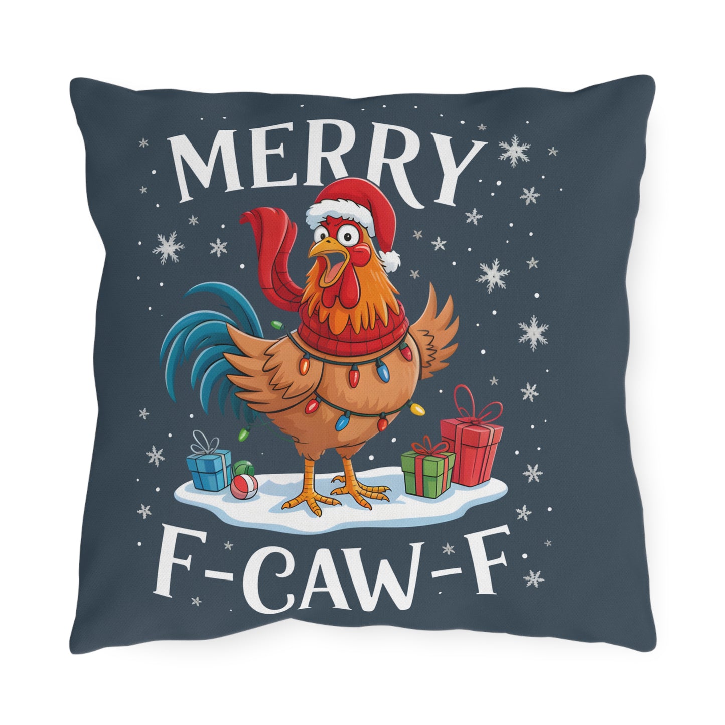 Holiday Rooster Outdoor Pillow — "Merry F‑Caw‑F" Funny Christmas Decor