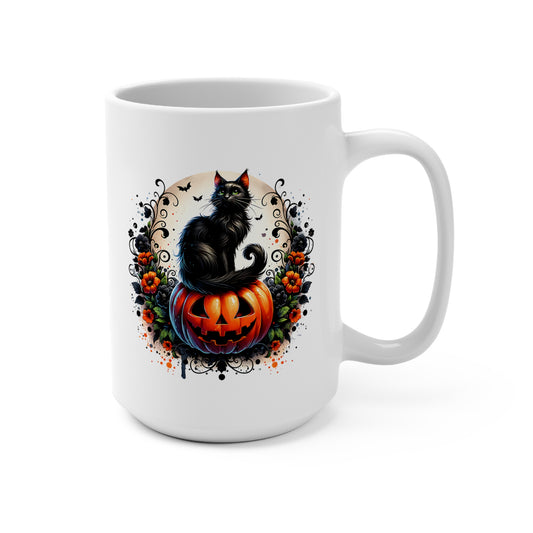 Halloween Black Cat 15oz White Mug, Spooky Coffee Cup, Fall Decor Gift, Black Cat Pumpkin Mug, October Celebrations