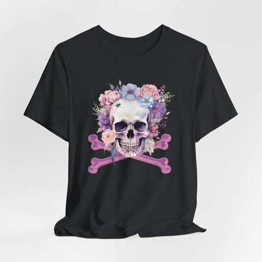 Gothic Floral Skull and Bones T-Shirt Vintage Boho Skull Watercolor Goth Graphic Tee Floral Skull Tee with Fly