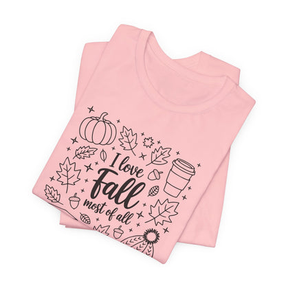 I Love Fall Short Sleeve Tee, Autumn T-Shirt, Cozy Fall Apparel, Pumpkin Shirt, Seasonal Gift, Unisex Casual Wear