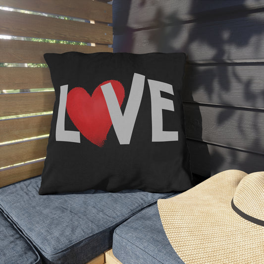 LOVE Heart Outdoor Pillow — Black Patio Cushion with Red Heart Design