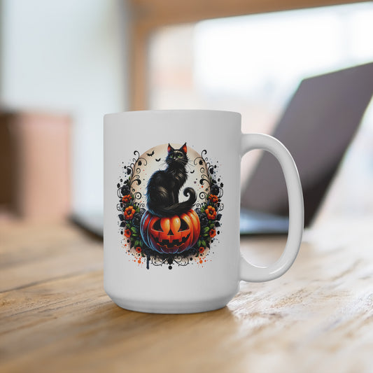 Halloween Black Cat 15oz White Mug, Spooky Coffee Cup, Fall Decor Gift, Black Cat Pumpkin Mug, October Celebrations