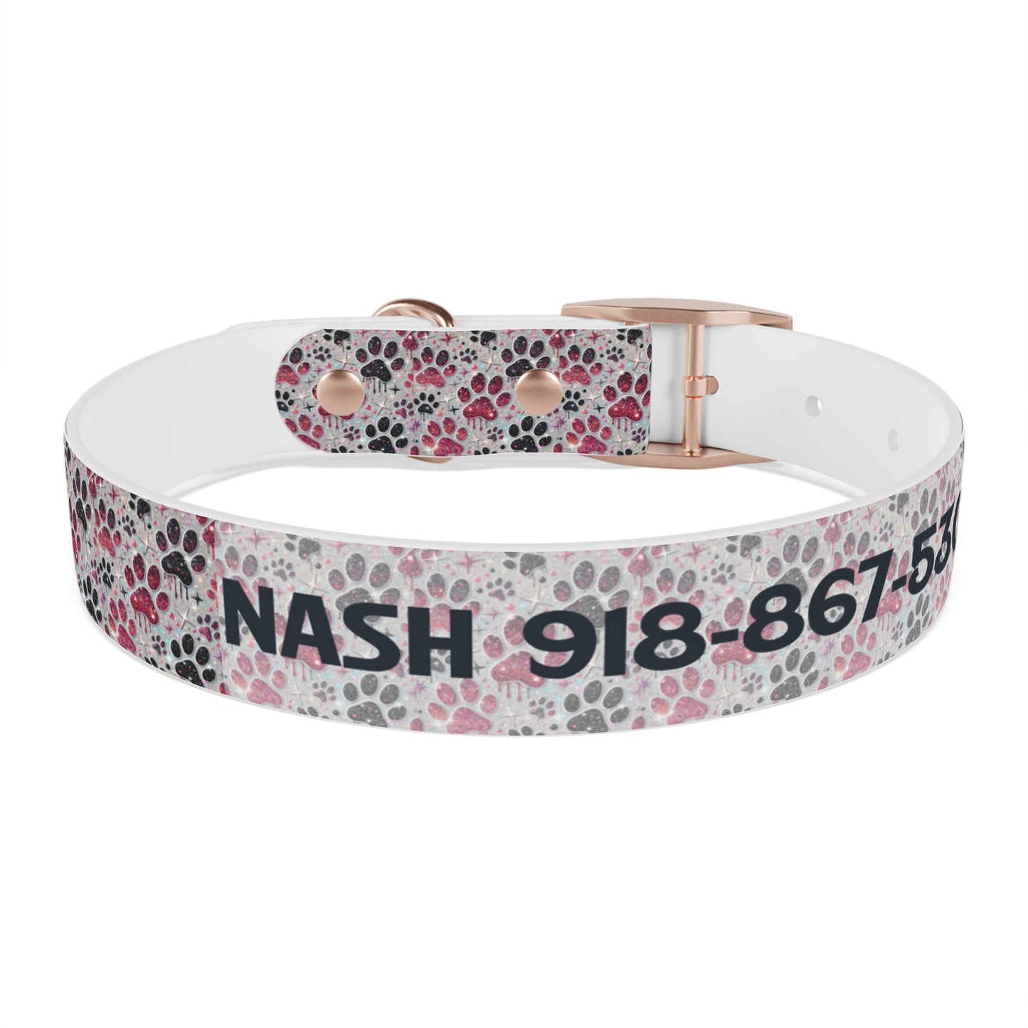 Personalized Paw Print Dog Collar — Custom Name & Phone Number, Cute Pink Gray Pet Collar