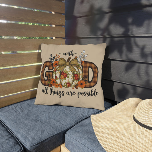 Outdoor Pillow — "With God All Things Are Possible" Fall Pumpkin Plaid Accent Pillow