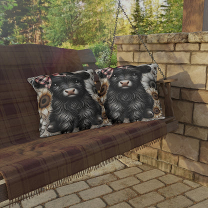 Highland Cow Outdoor Pillow — Cute Cow with Plaid Bow & Sunflowers