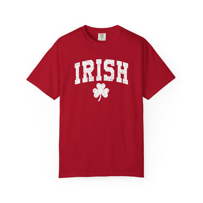 Irish Shamrock T-Shirt — Vintage Green 'IRISH' College Tee for St. Patrick's Day