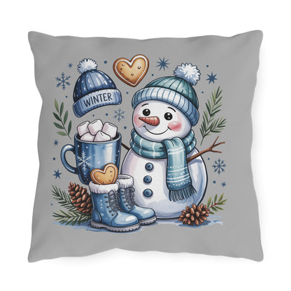 Winter Snowman Outdoor Pillow – Cute Snowman with Hot Cocoa & Cookies