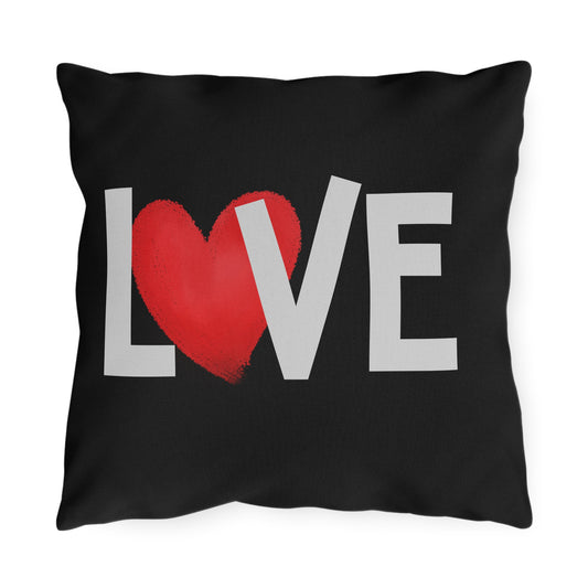 LOVE Heart Outdoor Pillow — Black Patio Cushion with Red Heart Design
