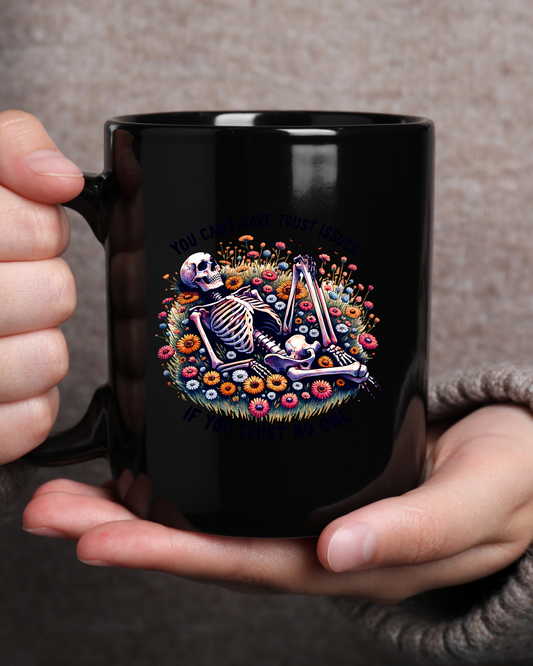 Trust No One Skeleton  Black Mug, 15oz | Fun Gift for Halloween, Coffee Lovers, Art Lovers, Home Decor, Unique Mug