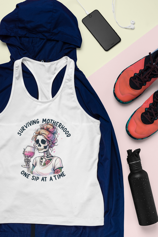 Surviving Motherhood Skeleton Racerback Tank, Funny Mom Gift, Workout Top, Summer Tee, Casual Wear, Gifts for New Moms