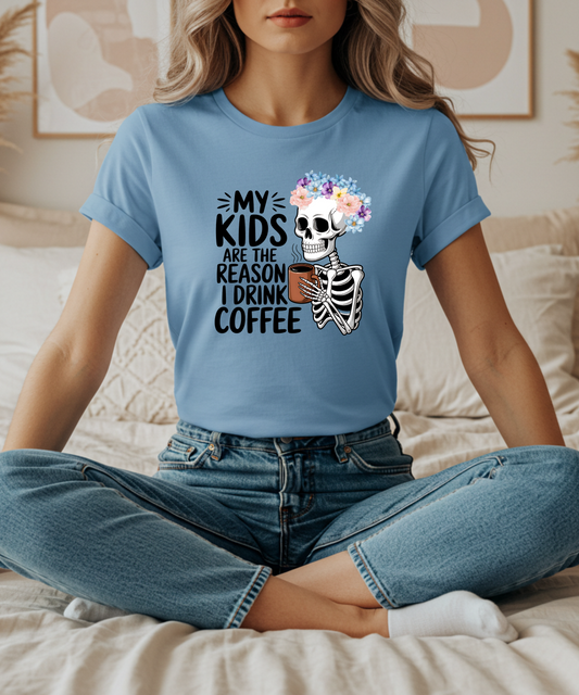Floral Skeleton Mom Tee Funny Mom Life Graphic My Kids Are The Reason I Drink Coffee Colorful Flower Crown Skull T-Shirt