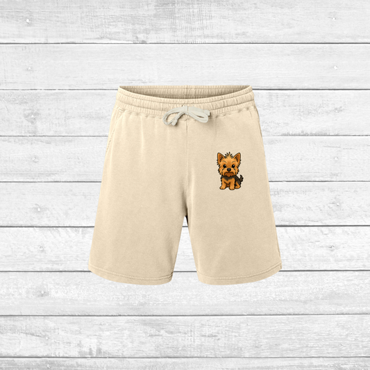 Cute Yorkie Dog Print Fleece Sweat Shorts, Comfortable Summer Lounge Wear, Pet Lover Gift, Casual Beach Shorts, Unisex Dog Shorts