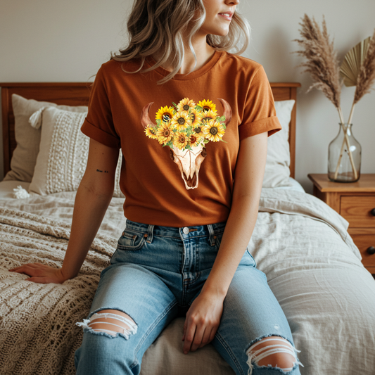 Sunflower Skull Tee - Boho T-Shirt, Unisex Graphic Shirt, Floral Tee, Casual Summer Wear, Perfect Gift for Nature Lovers