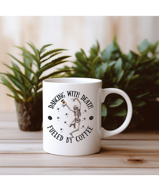Dancing Skeleton Coffee Mug 11oz 15oz Dancing with Death Coffee Mug | Witchy Ceramic Cup, Occult Gift, Halloween Decor, Ominous Coffee Lover Present, Supernatural Drinking Vessel