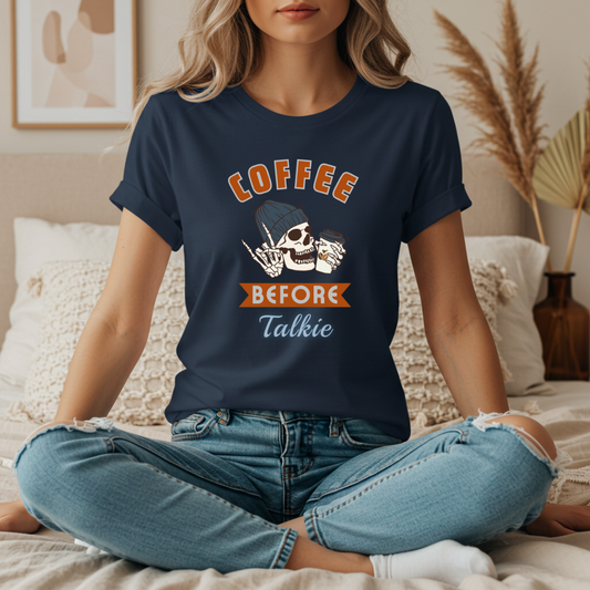 Cute Skeleton T-Shirt Coffee Before Talkie Skull Tee - Unisex Jersey Short Sleeve Shirt, Funny Coffee Lover Gift, Casual Wear, Relaxed Fit, Gift for Friends