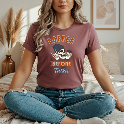 Cute Skeleton T-Shirt Coffee Before Talkie Skull Tee - Unisex Jersey Short Sleeve Shirt, Funny Coffee Lover Gift, Casual Wear, Relaxed Fit, Gift for Friends