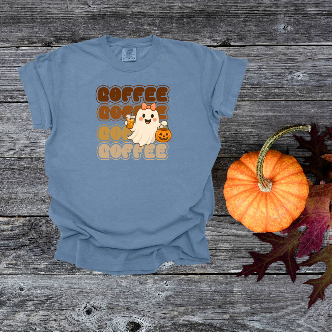 Cute Coffee Ghost Comfort Colors T-Shirt, Fall Shirt, Halloween Apparel, Funny Coffee Tee, Gift for Coffee Lovers, Casual Everyday Wear