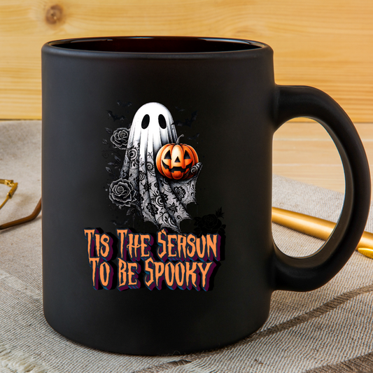 Tis the Season to be Spooky Ghost and Pumpkin 15 oz Black Mug Halloween-Themed Black Mug, Spooky Coffee Mug, Gift for Halloween Lovers, Fall Decor Mug, Pumpkin Ghost Mug