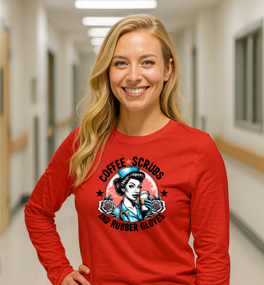 Funny Nurse Tee Coffee Scrubs and Rubber Gloves Long Sleeve Tee Bella Canvas Nurse Coffee Scrubs Long Sleeve Tee, Funny Nurse Shirt, Medical Staff Gift, Nursing Humor Apparel, Healthcare Worker Clothes