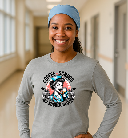 Funny Nurse Tee Coffee Scrubs and Rubber Gloves Long Sleeve Tee Bella Canvas Nurse Coffee Scrubs Long Sleeve Tee, Funny Nurse Shirt, Medical Staff Gift, Nursing Humor Apparel, Healthcare Worker Clothes